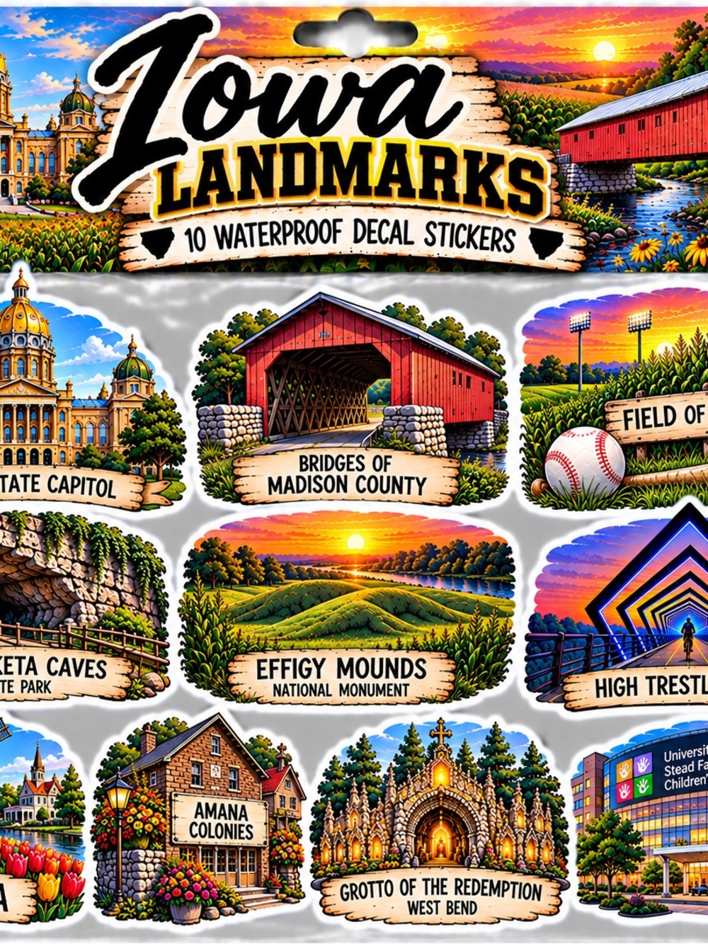 IOWA Landmarks Waterproof Decal Set β Multi-Color Stickers